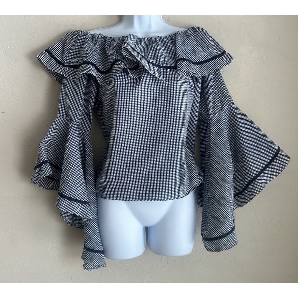 Liquid By Sioni Gingham Ruffle Bell‎ Sleeve Off Shoulder Top M Coastal Retro